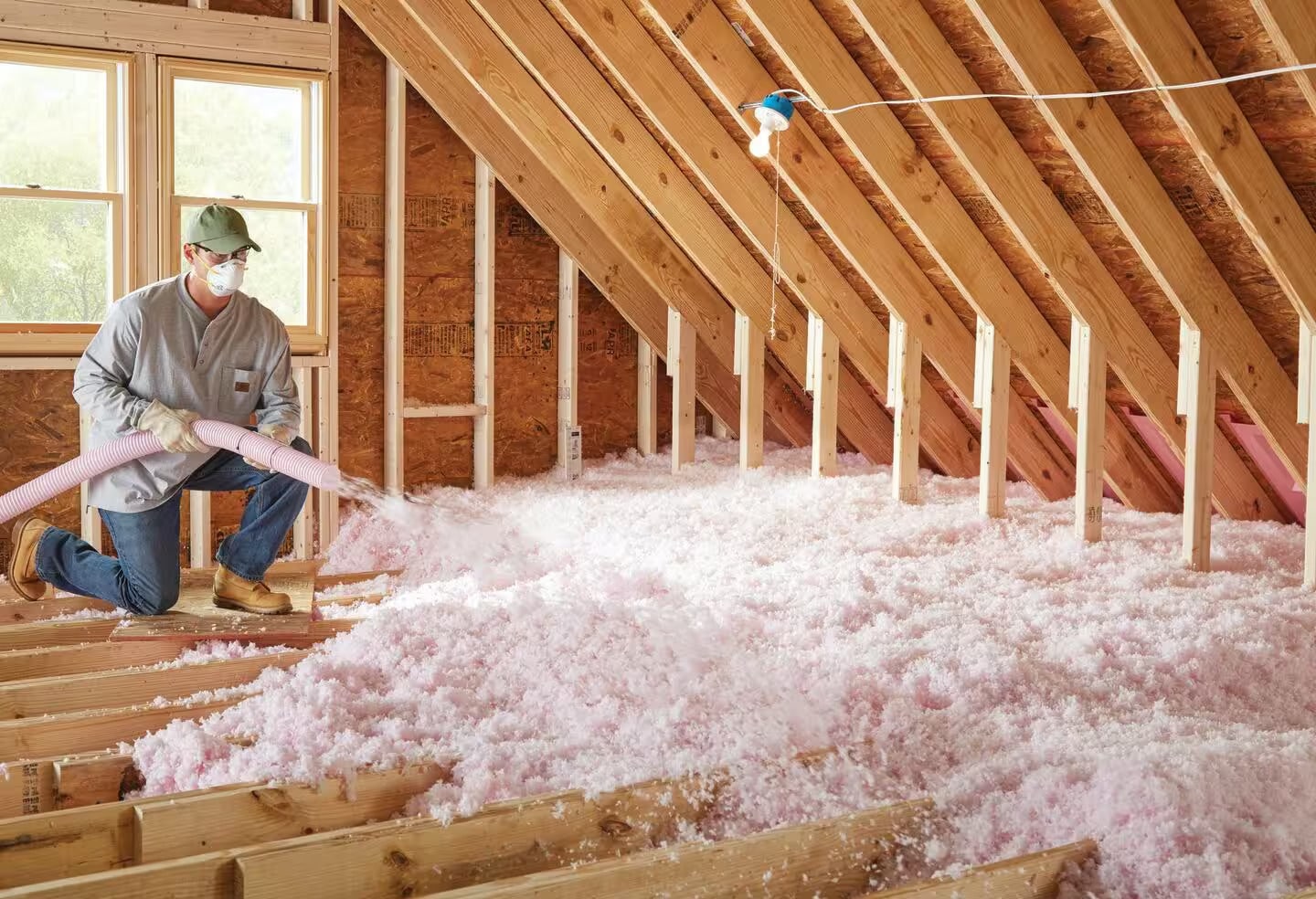 Man pouring blown-in attic insulation in houses attic